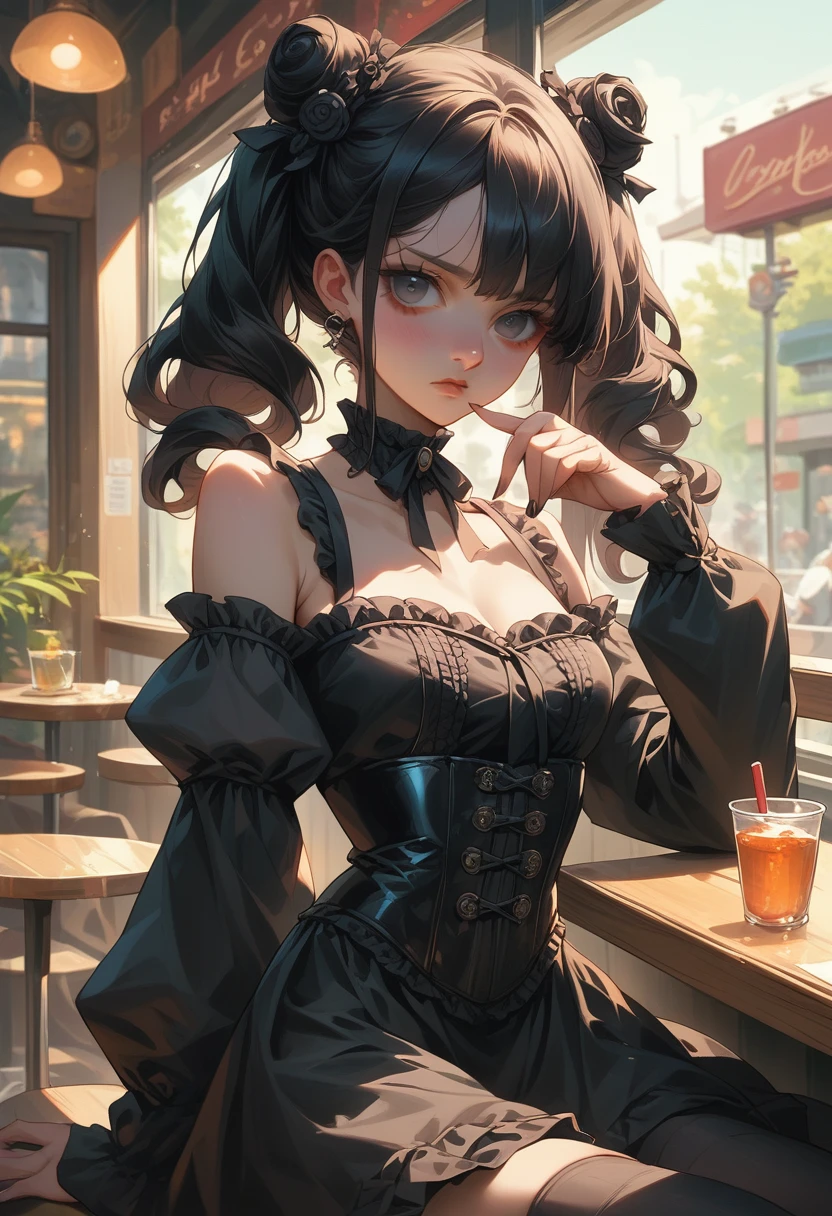 Black twin tails, black off-the-shoulder Lolita chiffon blouse, black steampunk corset、Cyberpunk art of a Japanese girl working in a cafe wearing a black gothic miniskirt