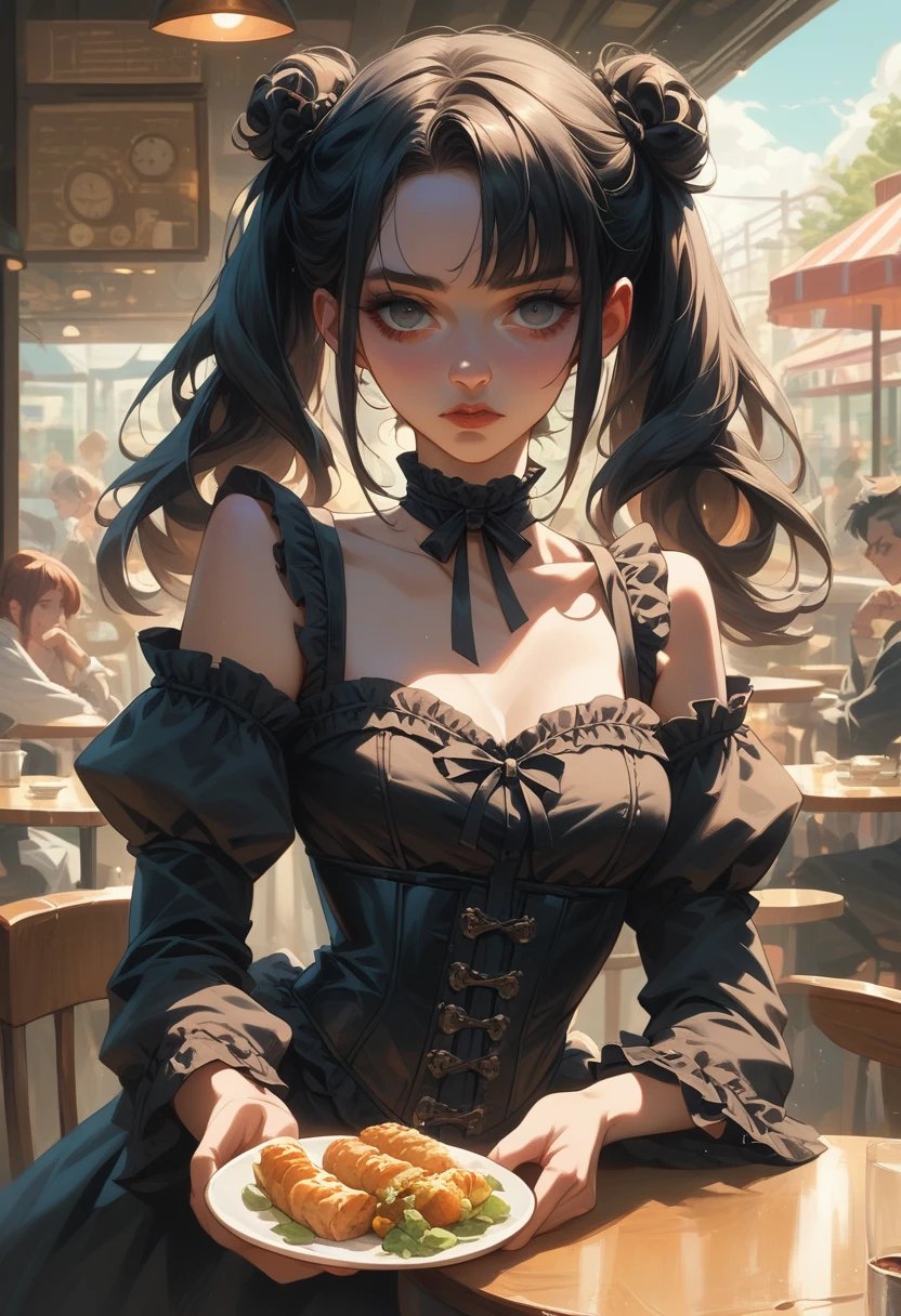 Black twin tails, black off-the-shoulder ta chiffon blouse, black steampunk corset、Cyberpunk art of a Japanese girl working in a cafe wearing a black gothic miniskirt