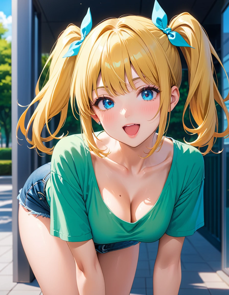 Masterpiece, The best quality, vivid colors, A beautiful 25 year old university student, angelic face, a mole on the face, tremendously provocative body, Casual clothes, twin tails, (yellow hair:1.1) (black hair:0.9), Blue eyes, wide, playful pose, the background is a university campus