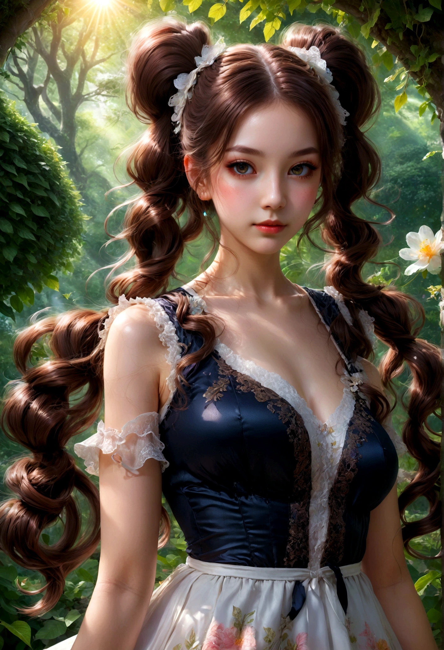1girl, Twin Tails, A beautiful young girl with twin tails hairstyle, extremely detailed eyes and face, longeyes, flowing hair, intricate dress, delicate features, serene expression, standing in a lush garden, sunlight filtering through the trees, vibrant colors, warm lighting, (4k,8k,highres:1.2), ultra-detailed, portrait, fantasy, masterpiece, best quality, very aesthetic, absurdres