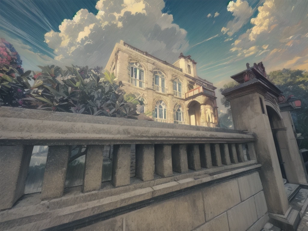 (masterpiece,best quality:1.2),(Extremely detailed),(illustration),(clearly_image),Art,Outdoor style, cloud, sky空, flower, sky, landscape, blue sky空, road, architecture, house, cloudy sky空, 夏sky, street, wild flower, from above,