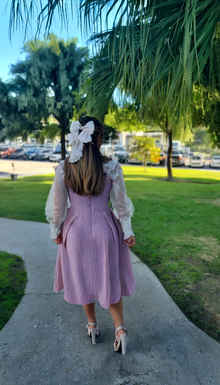 A film inspired by Disney Pixar (Blonde GIRL with a bow in her hair and turning her back wearing a pink dress