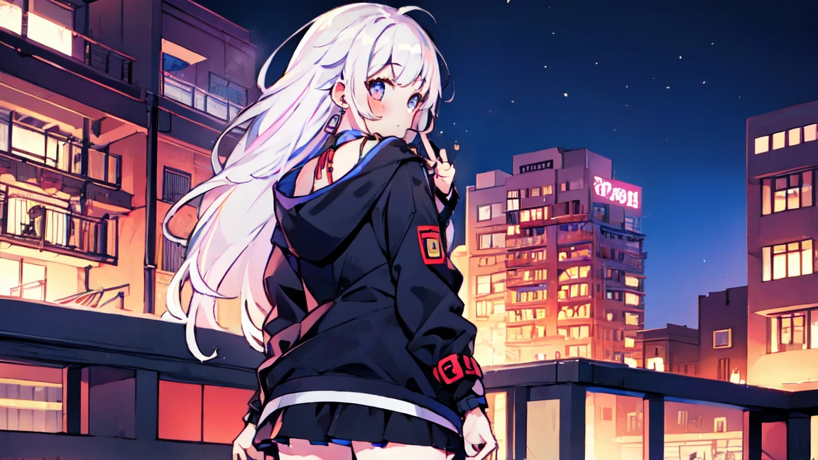 (((masterpiece, best quality, ultra-detailed, best fingers,))) ((a girl)), long hair, black hoodie, miniskirt, black socks, brown boots, white hair, from back, urban, midnight, overlooking a town, blush-up,