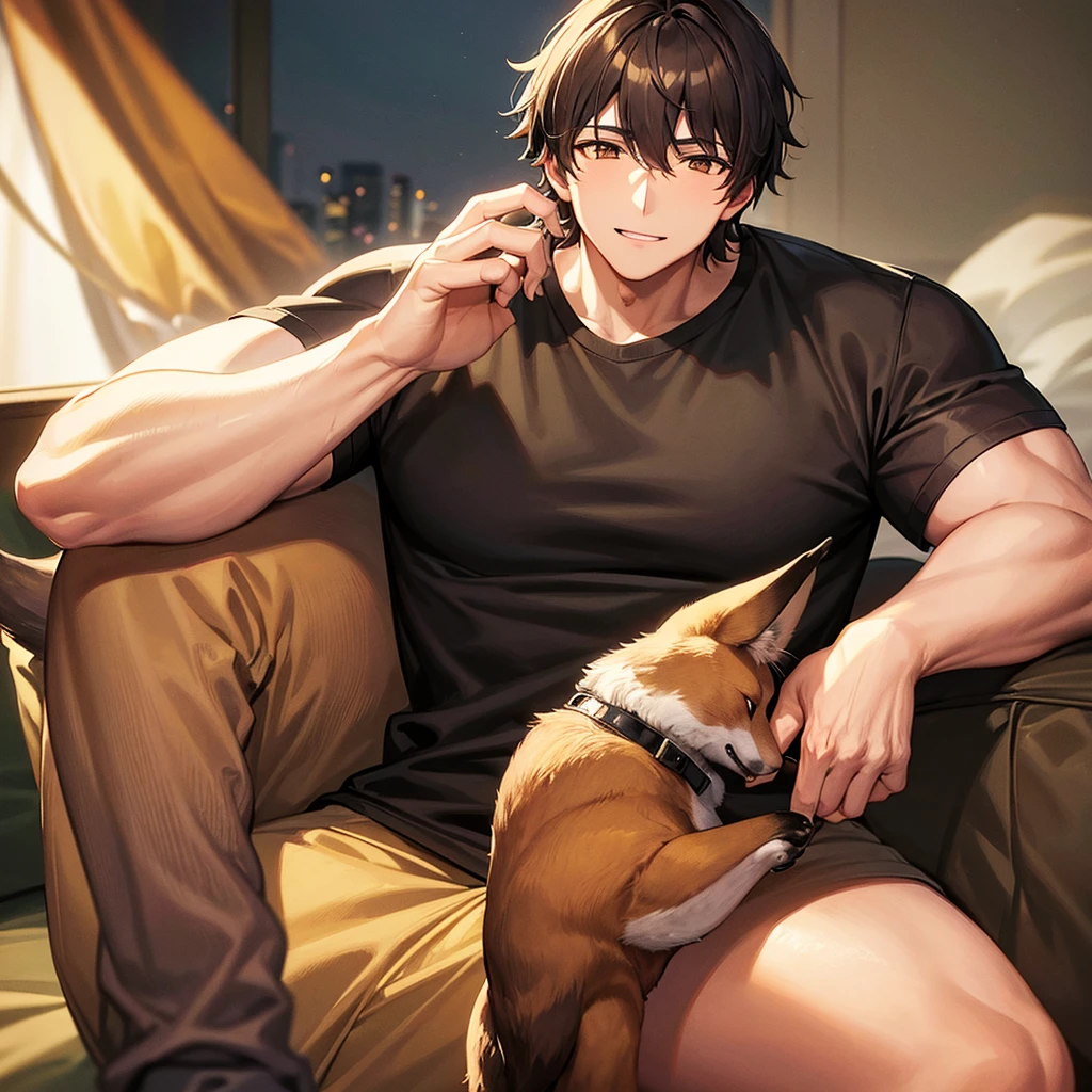 big brown fox,20 year old man wearing a small gold crown(Dark silver hair)(Brown eyes),carry a fox,Black T-shirt,slacks,Night city,A smile,With the fox