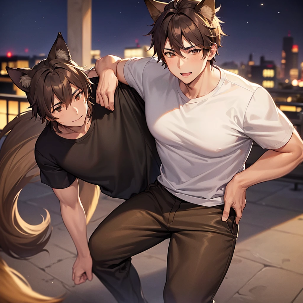 big brown fox,20 year old man wearing a small gold crown(Dark silver hair)(Brown eyes),carry a fox,Black T-shirt,slacks,Night city,A smile,With the fox