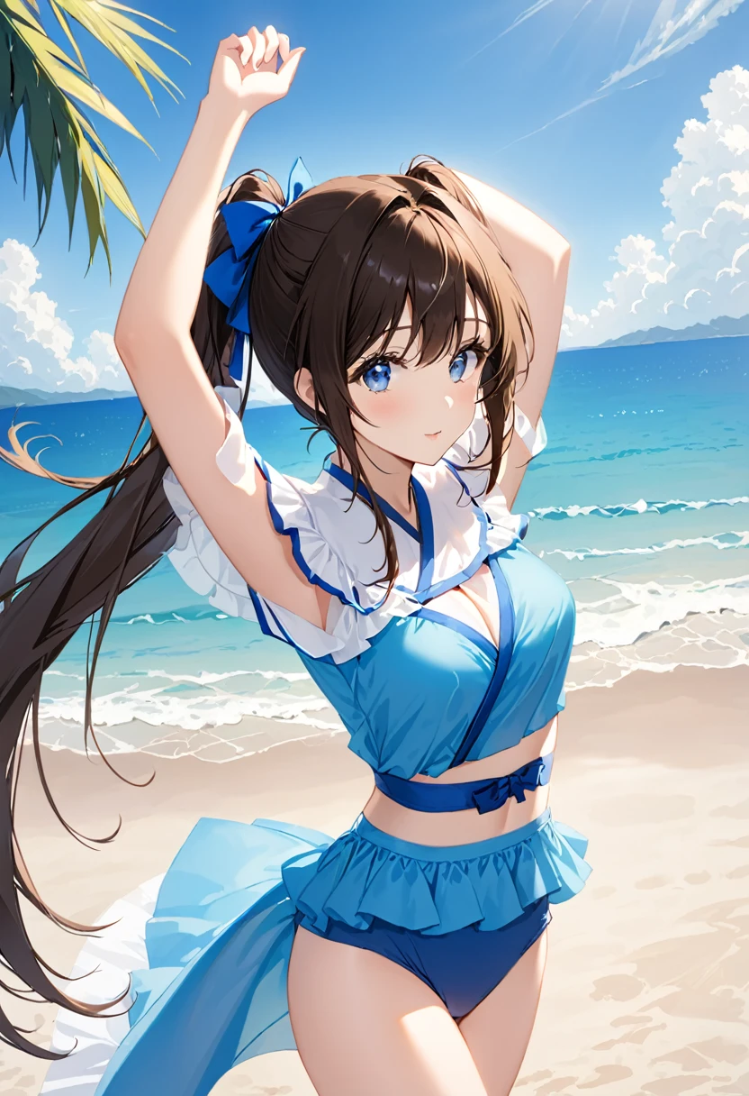 1 Girl, long_twintails, Brown hair, blue eyes, Wearing a blue bikini,Raise your arms, breast, cleveage, thigh, beach,