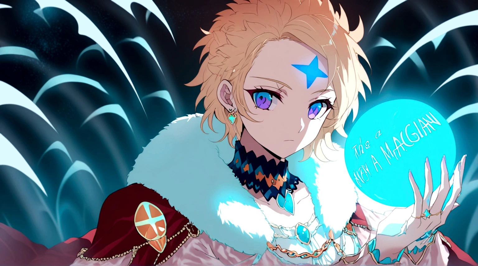 A blonde woman in anime style with short blonde hair and purple eyes. on her forehead is a tattoo of a blue star with 6 points. she is a human and wears a red cloak with a large white fur collar on which lies a golden chain. she is a magician and holds a magic ball of time magic in her hand.