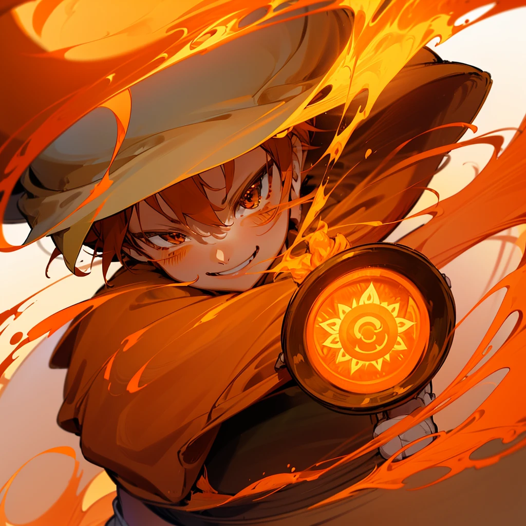 Create a 10 year old boy named Sun who has an orange wizard hat an orange cloak a very cute smile a very cute young face and a sun god staff who has the power to completely dominate fire and has an orange greavat and showing fingers crossed while having a blast behind