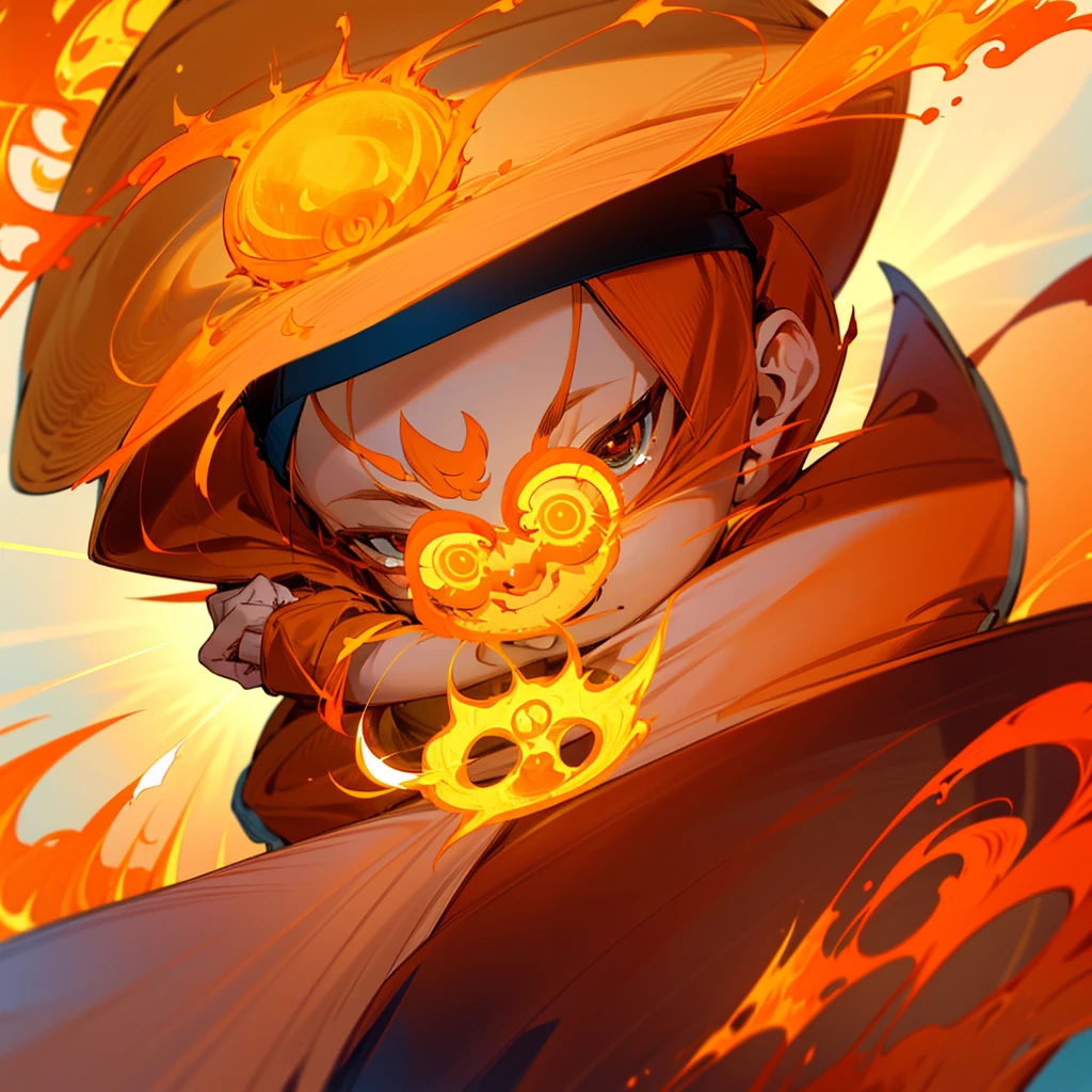 Create a 10 year old boy named Sun who has an orange wizard hat an orange cloak a very cute smile a very cute young face and a sun god staff who has the power to completely dominate fire and has an orange greavat and showing fingers crossed while having a blast behind