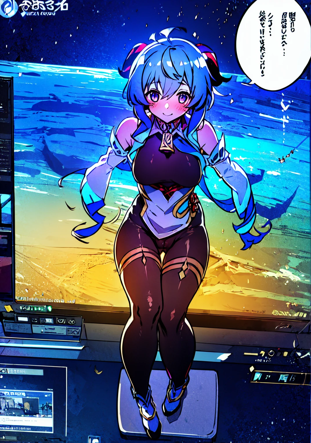 Very detailed,Pieces fly, Highest quality, Anime Images, Anime style etc.., Hired \(Genshin Impact\), Sit at the table, View from above, smile, 1 Girl, Twin Horn, ticker,Fits your body type, I can see the pussy , blush, Colorful pastel fantasy,Sexy pose,Very detailed background,Nice views,Beautiful and beautiful scenery,（（Very detailed landscape））,Incredibly high quality,Night Sky