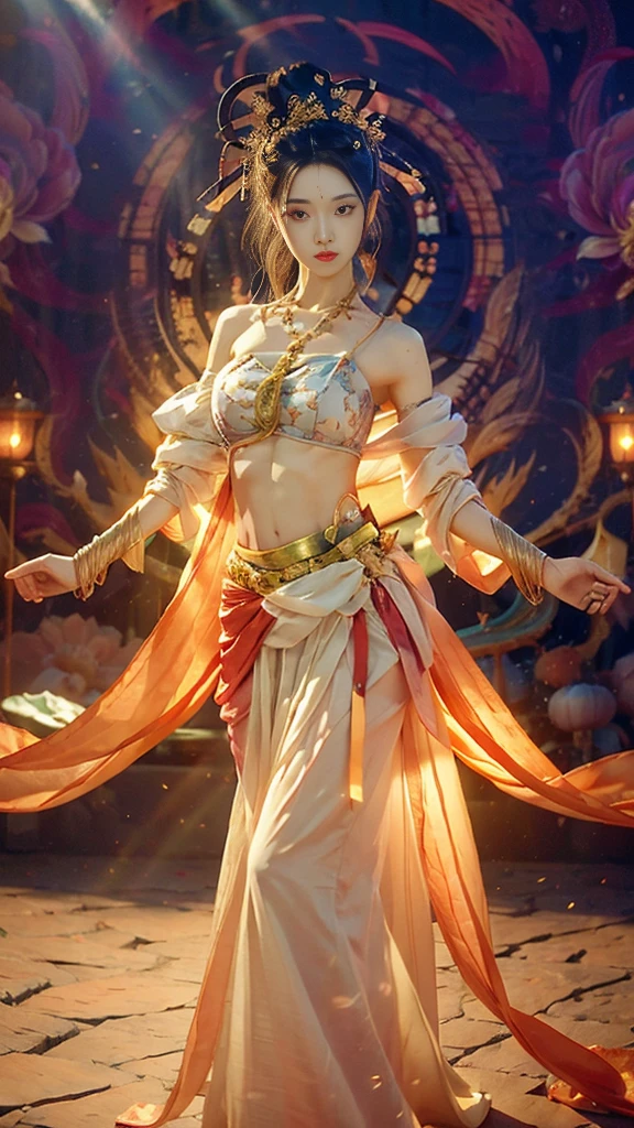 original photo, actual, (Photo actual: 1.3), best quality, masterpiece, Ultra-detailed, Extreme details, 8k wallpaper, actual Detail, light, illustration, 1 girl, superior_Body, dynamic angle, world mastery theater, best quality, extremely exquisite beautiful girl, perfect face, Exquisite facial features, slender hands, Thin eyelashes, exquisite eyes, Soft and fair skin, Sexy collarbone, dance, Dunhuang_skirt, lotus, bare shoulders, stunning beauty, abdomen, navel, Astonishing, Sexy, peach blossom eyes, Light makeup, Smile, lens_flare, Mural background, ribbon, floating, lantern,