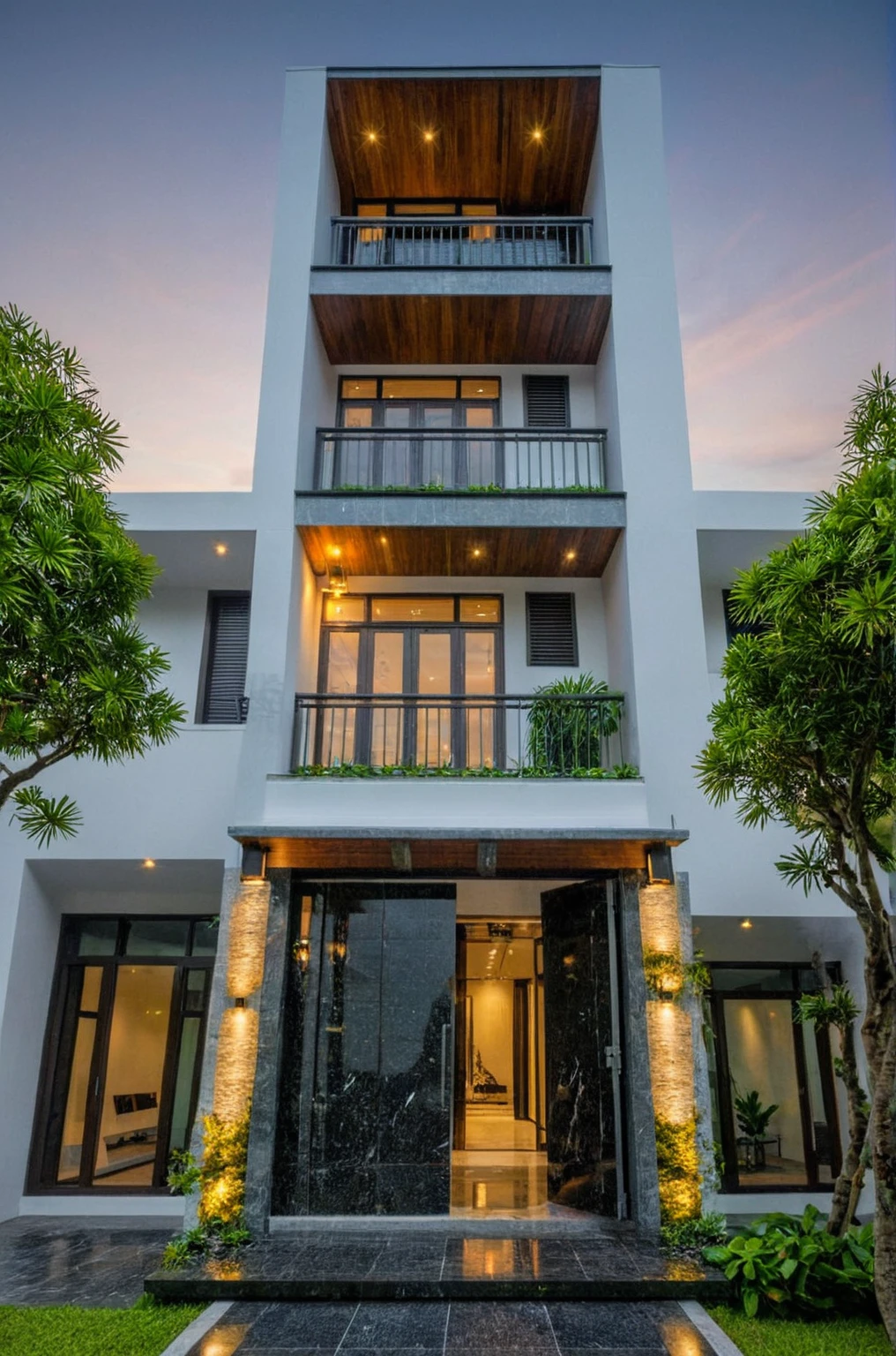 masterpiece, best quality, exterior design, (sunset), single 1 storie modern house on the Vietnam village, marble, steel, modern dark tiled granite and white walls facade, wooden ceiling, large glass, minimalist modern style, green shrubs and tropical tree background, large door and windows.
