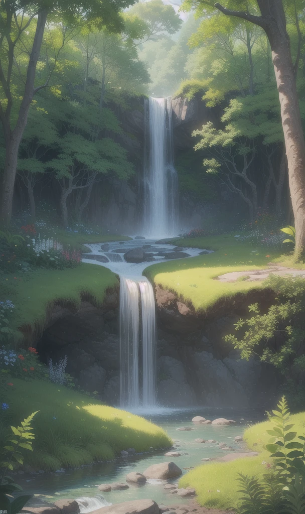 (masterpiece, 最high quality, high quality, High resolution:1.4), Very detailed, Soft indirect lighting, 4K,
Outdoor, nature, forest, wood, Grass, plant, Flowers, river, Caustics, Water flow, ripple, (waterfall:1.2), Pool, Dense forest, green々Leaf, Fern,