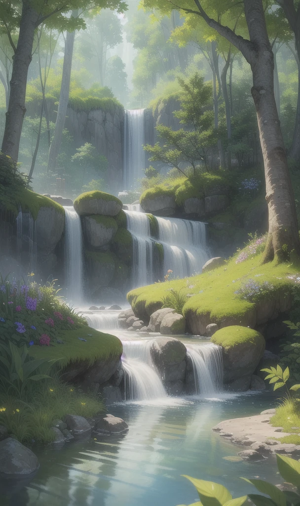 (masterpiece, 最high quality, high quality, High resolution:1.4), Very detailed, Soft indirect lighting, 4K,
Outdoor, nature, forest, wood, Grass, plant, Flowers, river, Caustics, Water flow, ripple, (waterfall:1.2), Pool, Dense forest, green々Leaf, Fern,