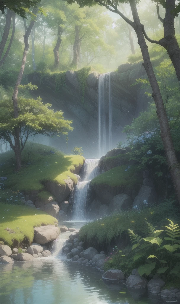 (masterpiece, 最high quality, high quality, High resolution:1.4), Very detailed, Soft indirect lighting, 4K,
Outdoor, nature, forest, wood, Grass, plant, Flowers, river, Caustics, Water flow, ripple, (waterfall:1.2), Pool, Dense forest, green々Leaf, Fern,
 