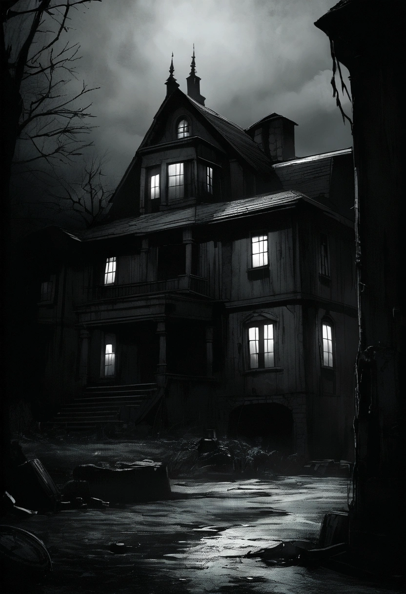 An image of an old abandoned house or haunted mansion, with dim lights and a disturbing atmosphere, in black and white, film