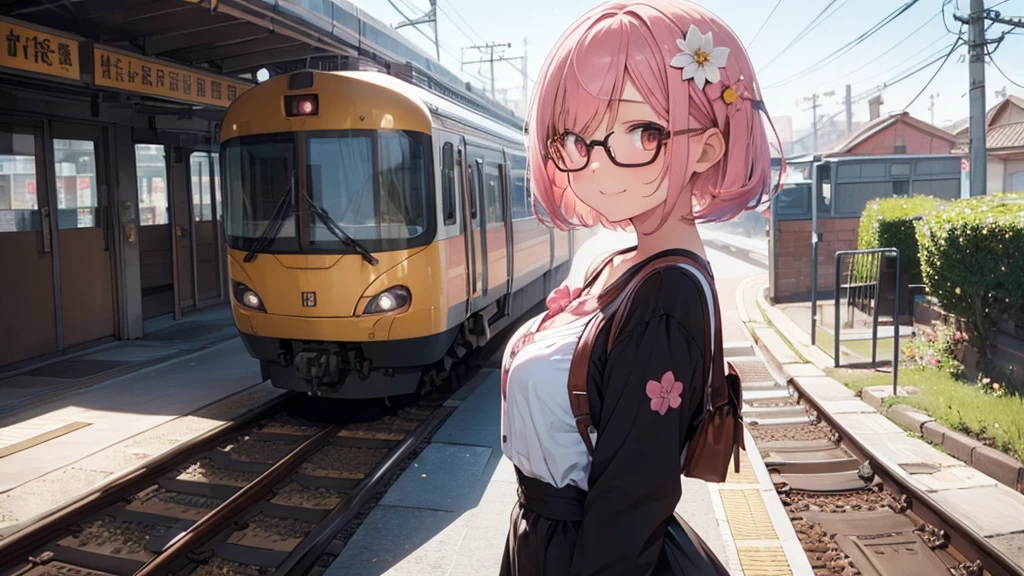 1girl,flower pattern ,train,station ,pastel pink hair,brown eye,bob hair,standing, put hands on body, full body,red frame eyewear,big breasts,smile