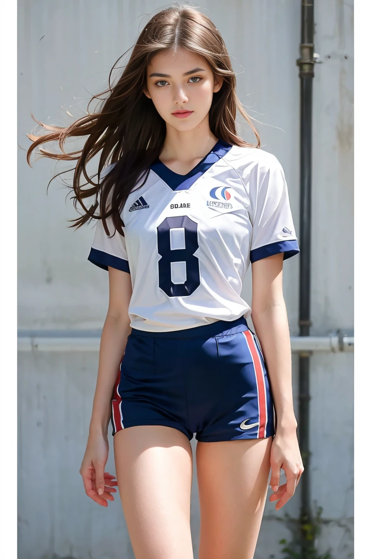 (best quality,realistic,ultra-detailed),a two sexy and slim 18-year-old French brunette woman in short sleeve football uniform, visible legs,