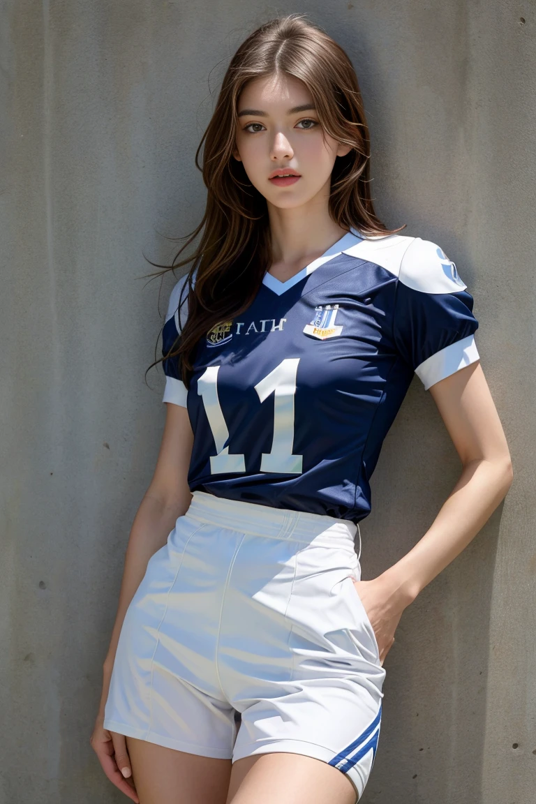 (best quality,realistic,ultra-detailed),a two  and slim 18-year-old French brunette woman in short sleeve football uniform, visible legs,