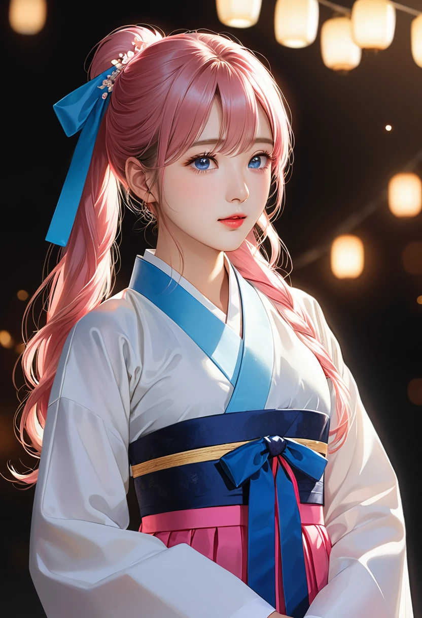 (finely detailed beautiful eyes and detailed face,masterpiece sidelighting,masterpiece,best quality,detailed,High resolution illustrations),, (1 Girl,whole body,beautiful girl,Glowing skin,look down,Looking at the audience),long_twintails, (Pink Hair,blue eyes,Ribbon,Hanbok, korean clothes), (wearing clothes_Lower Bust:1.2),Lower breasts,