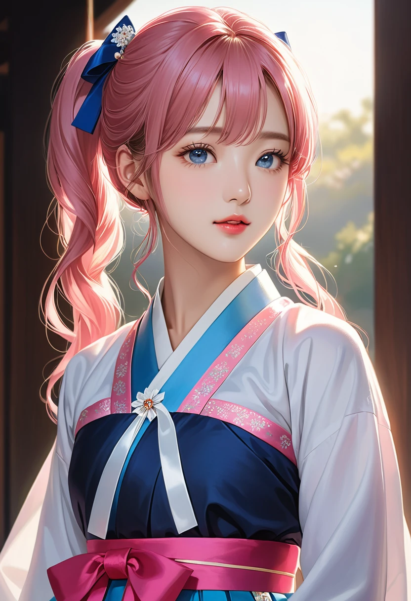 (finely detailed beautiful eyes and detailed face,masterpiece sidelighting,masterpiece,best quality,detailed,High resolution illustrations),, (1 Girl,whole body,beautiful girl,Glowing skin,look down,Looking at the audience),long_twintails, (Pink Hair,blue eyes,Ribbon,Hanbok, korean clothes), (wearing clothes_Lower Bust:1.2),Lower breasts,