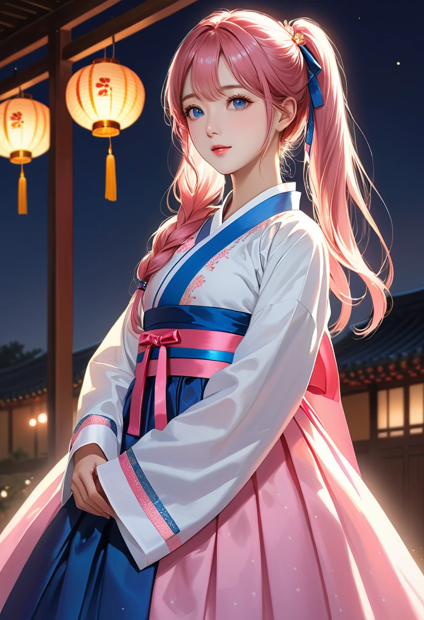 (finely detailed beautiful eyes and detailed face,masterpiece sidelighting,masterpiece,best quality,detailed,High resolution illustrations),, (1 Girl,whole body,beautiful girl,Glowing skin,look down,Looking at the audience),long_twintails, (Pink Hair,blue eyes,Ribbon,Hanbok, korean clothes), (wearing clothes_Lower Bust:1.2),Lower breasts,