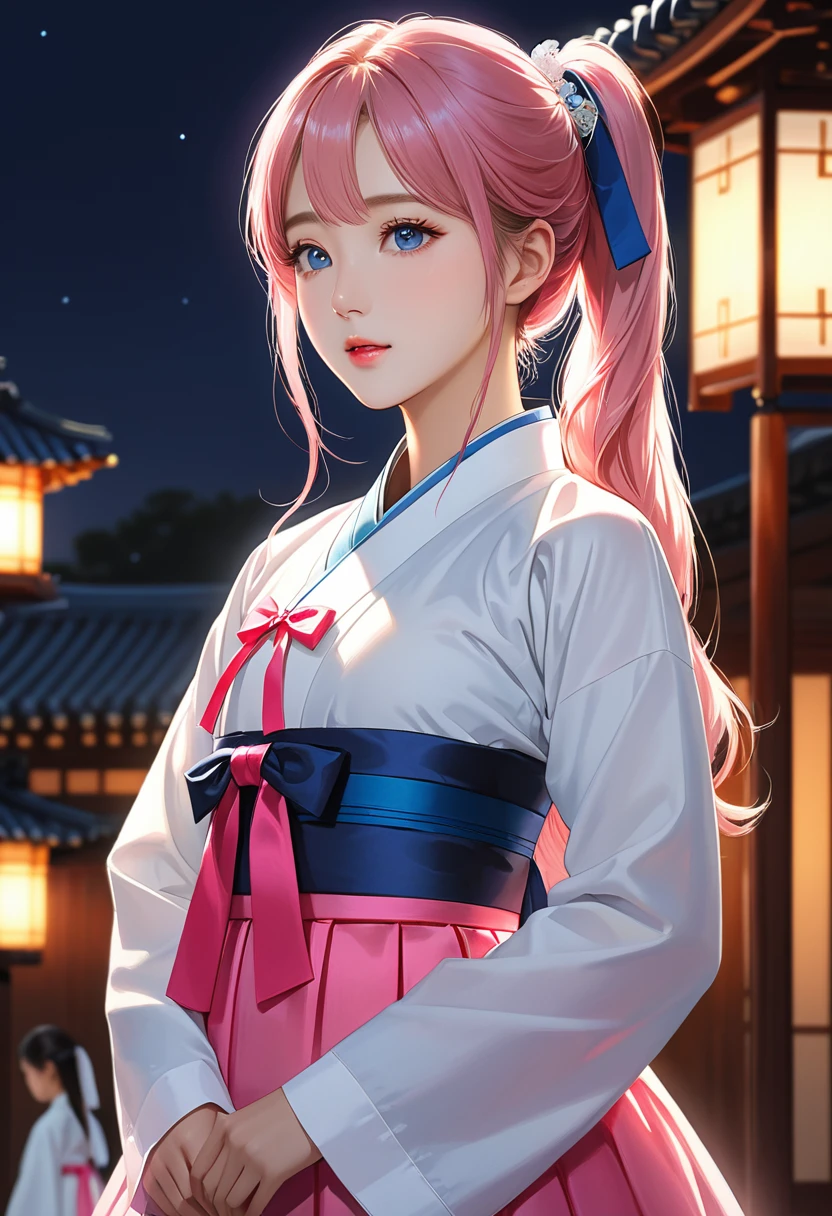 (finely detailed beautiful eyes and detailed face,masterpiece sidelighting,masterpiece,best quality,detailed,High resolution illustrations),, (1 Girl,whole body,beautiful girl,Glowing skin,look down,Looking at the audience),long_twintails, (Pink Hair,blue eyes,Ribbon,Hanbok, korean clothes), (wearing clothes_Lower Bust:1.2),Lower breasts,