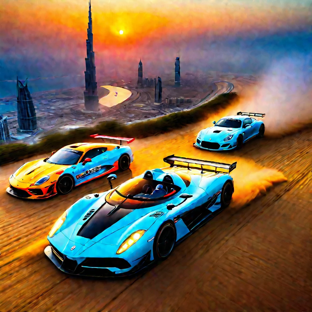 beach racing ，Sunset，The golden light enveloped the entire venue，The beach is crowded with tourists，They enjoy their time under the colorful umbrellas，Watch cars driving at high speed，Racing car design fashion，aerodynamics，Huge air intake，Curvy beauty，Speeding on the sand，Raising dust and gravel，The roar of engines and the squeal of tires echoed throughout the venue.，The perfect combination of speed and passion，As if you were in it，Experience this level of speed feast，Burj Khalifa in the background、The natural beauty of Cuba and the rugged landscape of Iceland，Global Experience，Artwork full of energy and passion，Let the audience feel as if they are in another world full of adrenaline。

