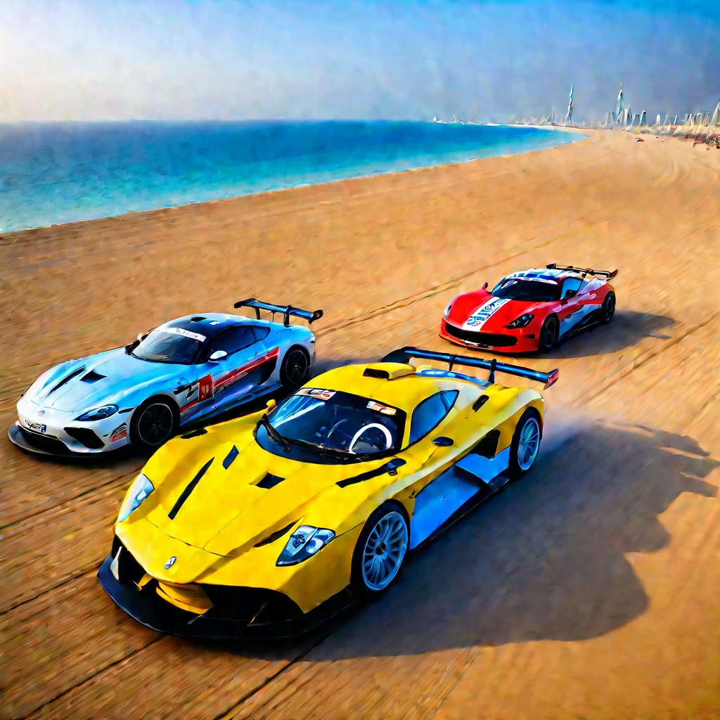 beach racing ,Sunset,The golden light enveloped the entire venue,The beach is crowded with tourists,They enjoy their time under the colorful umbrellas,Watch cars driving at high speed,Racing car design fashion,aerodynamics,Huge air intake,Curvy beauty,Speeding on the sand,Raising dust and gravel,The roar of engines and the squeal of tires echoed throughout the venue.,The perfect combination of speed and passion,As if you were in it,Experience this level of speed feast,Burj Khalifa in the background、The natural beauty of Cuba and the rugged landscape of Iceland,Global Experience,Artwork full of energy and passion,Let the audience feel as if they are in another world full of adrenaline。