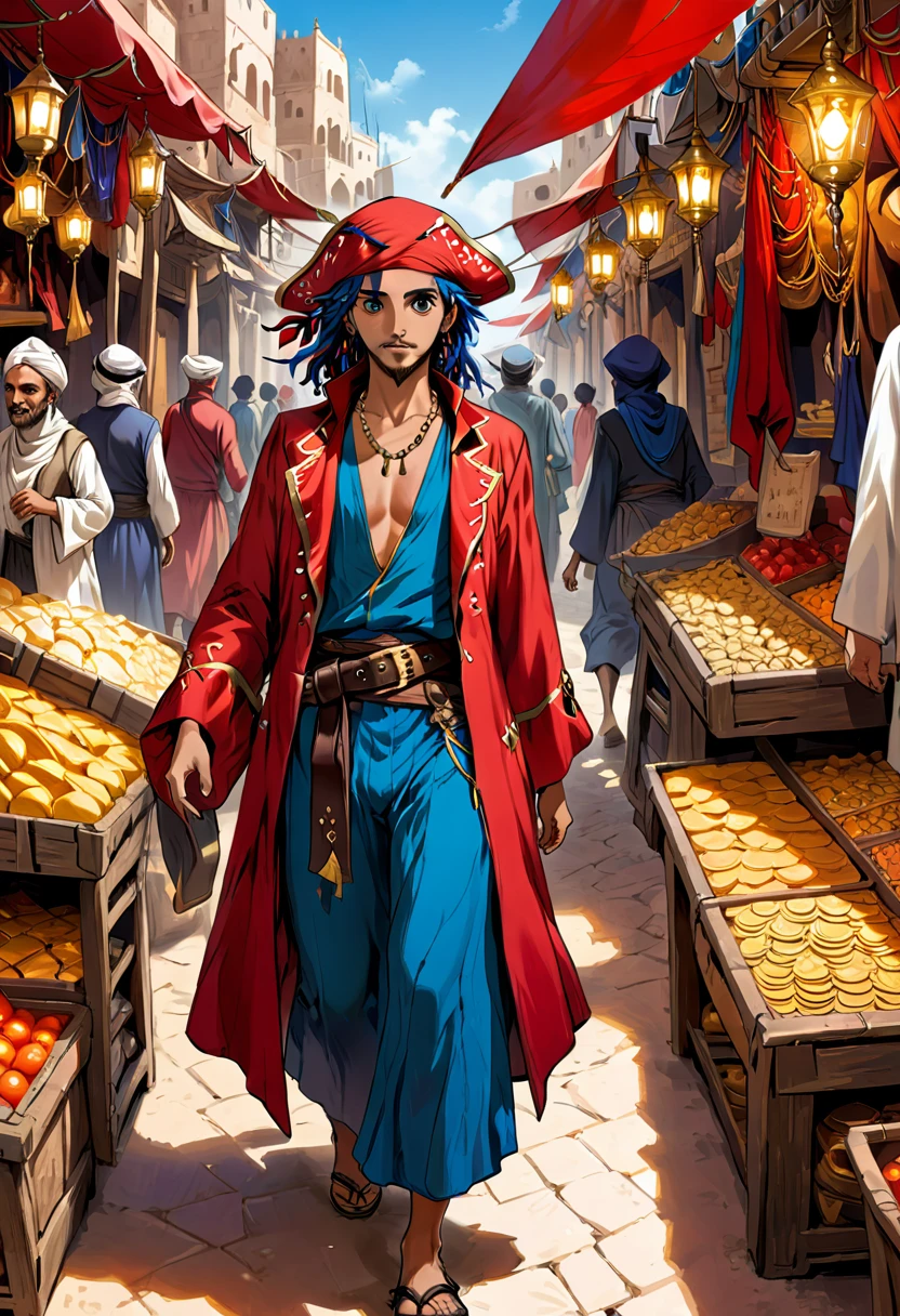 Invite : Un pirate solitaire se promenant dans un marché marocain animé, dans une ambiance aventureuse et curieuse, dans de riches rouges, or et bleus.