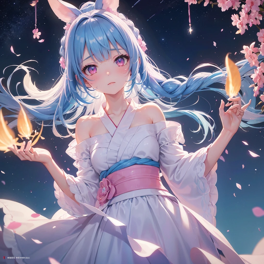 Sky blue hair, (One braided ponytail),(Pink Eyes),Fair skin ,(whole body),(One girl),White yukata,Tanabata,(The Milky Way in the night sky),Hollow Eyes,Blushing,Straight bangs,,Wedding dress,(masterpiece, Highest quality, Very detailed, Best Shadow), (Detailed Background), (Beautifully detailed face), High Contrast, (Best lighting, Very delicate and beautiful), ((Cinematic Light)), colorful, Hyper Detail, Dramatic Light, Intricate details,Reaching out,