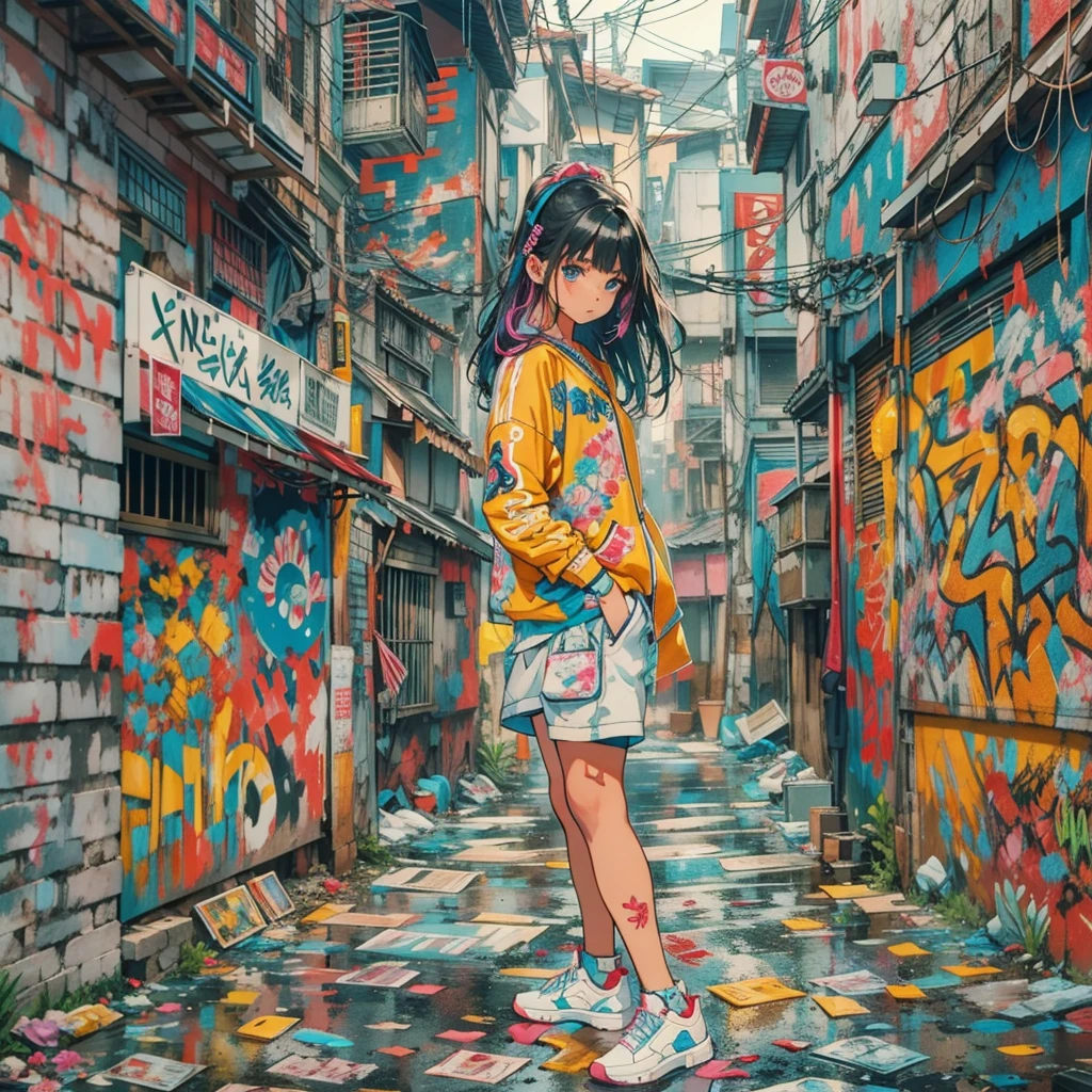 A girl in the back alley、(Super detailed)、(8K)、((Hip Hop Fashion))、(Esbian all over)、(Fashion of the 90s)、(Glorious Limbs)、(Delicately drawn figures)、(A back alley decorated with graffiti)、tobacco、(Women's fashion)、(Colorful and pop design)、(Around the back alley)、(Iconic Art and Posters from 90iddle Finger)、Woman&#39;s facial expression、(Pause)、(Spirit of the times)