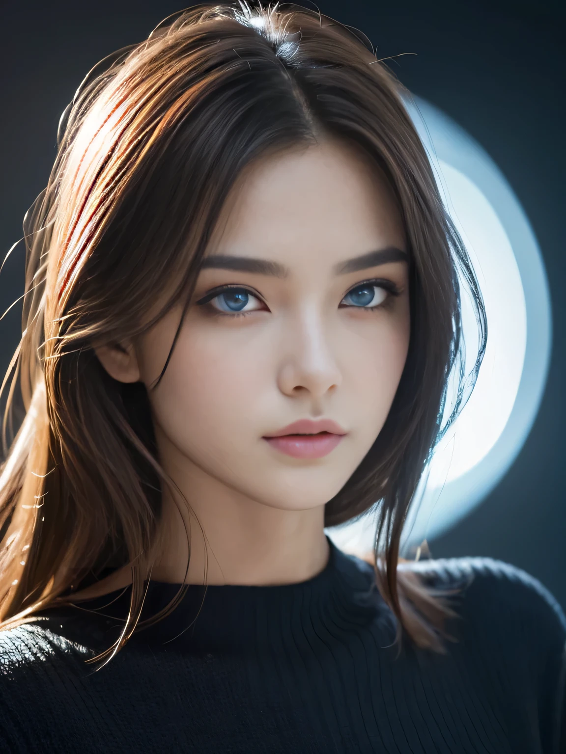 masterpiece, best quality, ultra-detailed, intricately detailed hyperdetailed, realistic, sharp features, highly detailed, sharp focus, 19 years old, perfect face, perfect symmetrically Blue and delicate eyes, perfect full lips, flexible female form, cinematic, hyper detailed, hyper realistic, high resolution, vibrant, dynamic studio lighting, ((Dark background)), light brown hair, messy hair, small breasts, Black sweater, portrait, head shot,