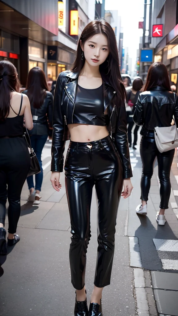 20 year old Japanese girl, wearing a black leather jacket, black trousers, black shoes, black crop top, has a slim stomach, long black hair, photo in the city, 8k masterpiece, detail,