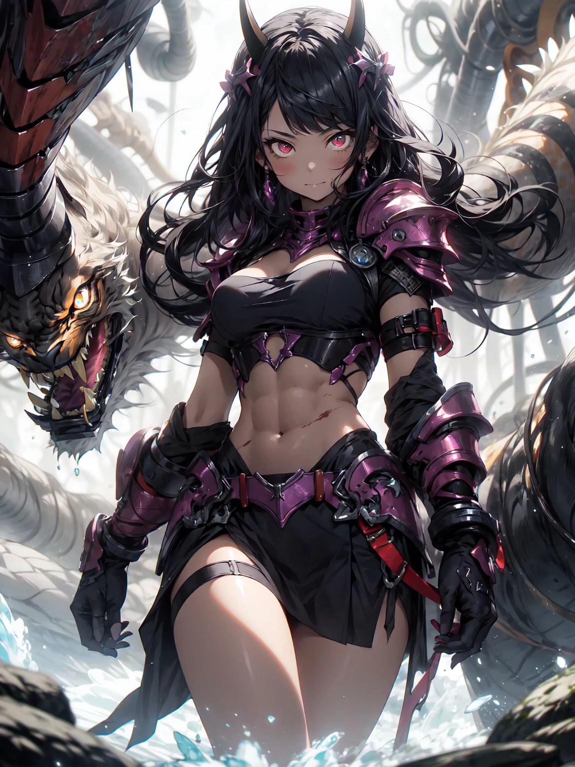 Be realistic，（masterpiece，Highest quality，Highest quality，Very detailed，Fractal Art，Most detailed，（Abstract background：1.5）（1 Girl），Kamimei，（Long white and black hair），（Red eyes glow、Big Breasts、Toned Abs，Stunned)，Abyss Stick、crystallization，Swimsuit、High leg、sexy、Machinery Armor、Sunburned skin、Devil horns、Berserk、There are large wounds on the body、mini skirt、（Two-tone white and black hair）、Cat ear