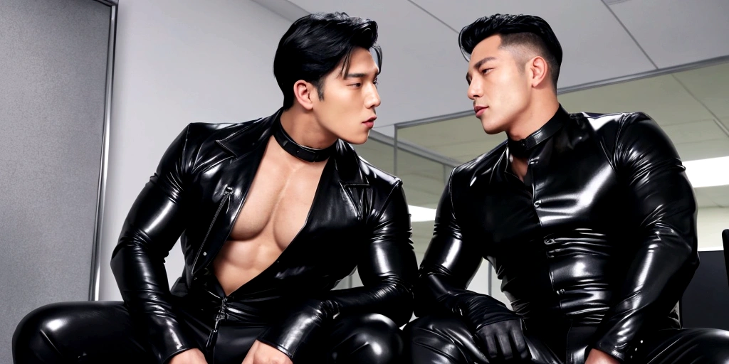 High quality two men in love 20years old,a daddy,tight black shiny suit sit down,k hd,in the office,muscle, gay ,black hair,asia face,masculine,strong man,the boss is,handsome,???,leather gloves,lecherous dad,look straight ahead,Dad is ????????