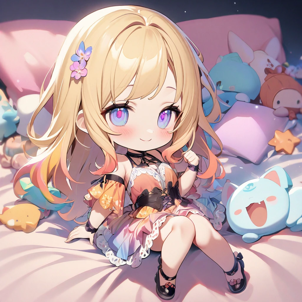masterpiece、Highest quality、Depth of subject、((2D illustration))、1 beautiful girl、((colorful))、(((chibi style)))、((Long, beautiful hair))、Light blonde、ribbon、cute、Beautifully detailed eyes、Tank top、((mini skirt))、(((vivid color))、((bed))、((full body shot))、((Very happy face))、((kitten))、stuffed toy、((There's a lot of pink around))、((Lens flare))、White light is shining、My whole body was filled with light