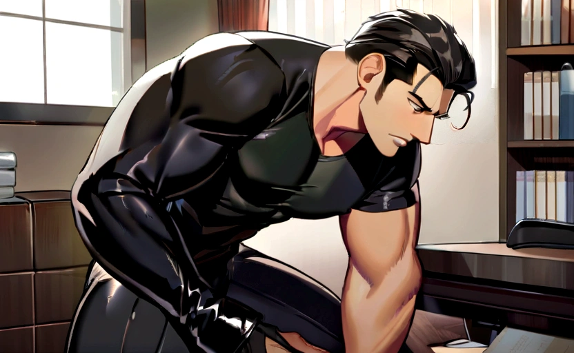 High quality two men in love 20years old,a daddy,tight black shiny suit sit down,k hd,in the office,muscle, gay ,black hair,asia face,masculine,strong man,the boss is,handsome,sex,leather gloves,lecherous dad,look straight ahead,Dad is erection
