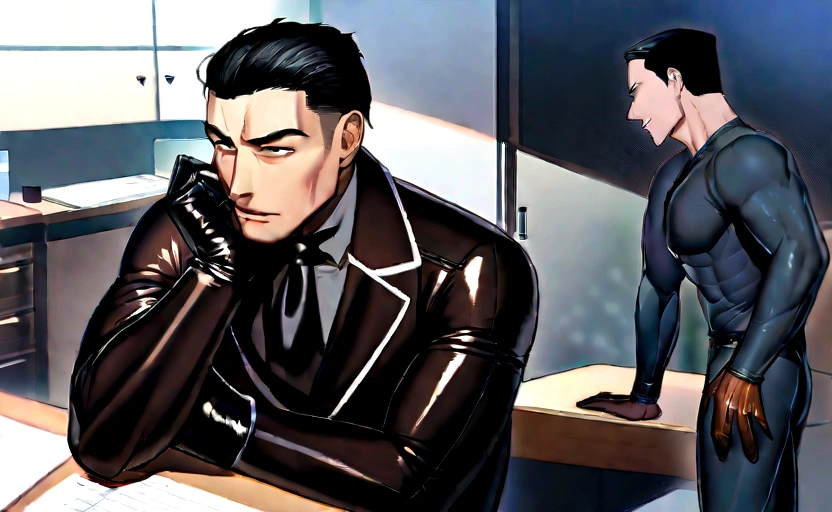 High quality two men in love 20years old,a daddy,tight black shiny suit sit down,k hd,in the office,muscle, gay ,black hair,asia face,masculine,strong man,the boss is,handsome,sex,leather gloves,lecherous dad,look straight ahead,Dad is erection