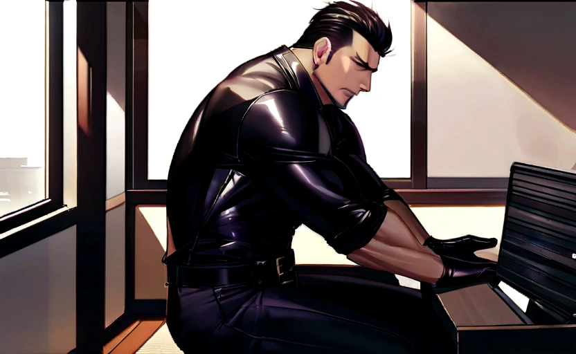 High quality two men in love 20years old,a daddy,tight black shiny suit sit down,k hd,in the office,muscle, gay ,black hair,asia face,masculine,strong man,the boss is,handsome,sex,leather gloves,lecherous dad,look straight ahead,Dad is erection