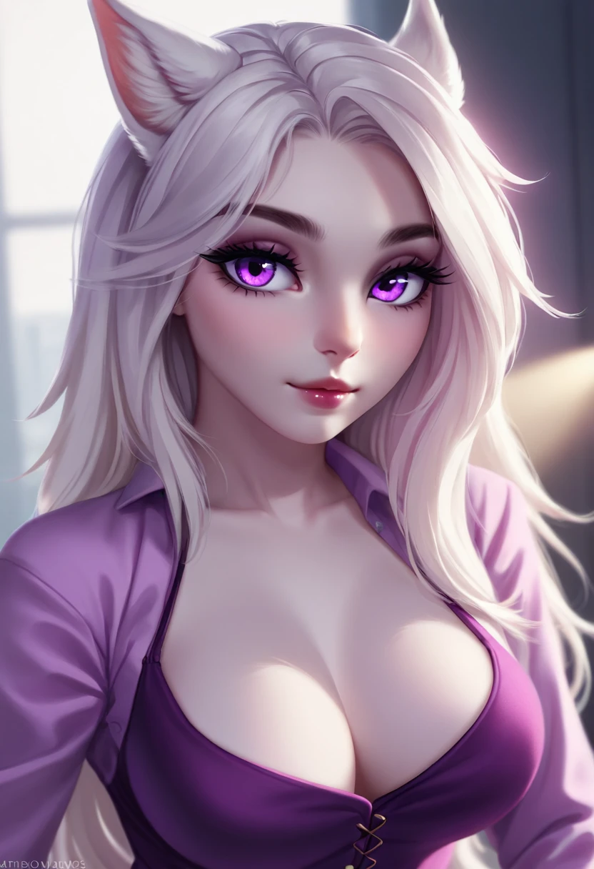 Unicorn anthropomorphic female high detail white hair purple pupils