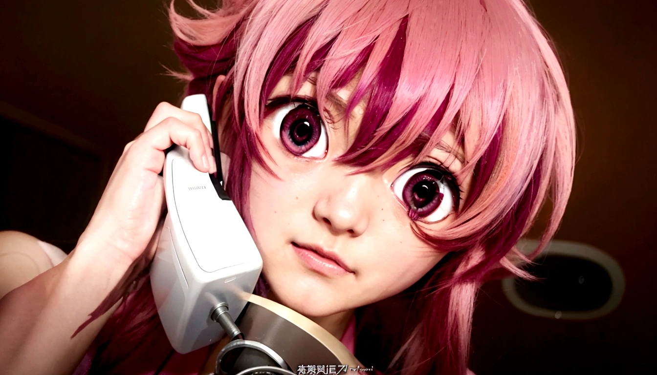 anime girl with pink hair talking on a desk phone, mirai nikki, anime girl named gasai yuno, realistic pink eyes, gasai yuno, close up of mirai nikki, gasai yuno, gasai yuno, she has a cute expressive face, gasai yuno, screenshot from an Anime from 2012, in an anime scene, scene!!, shocking.