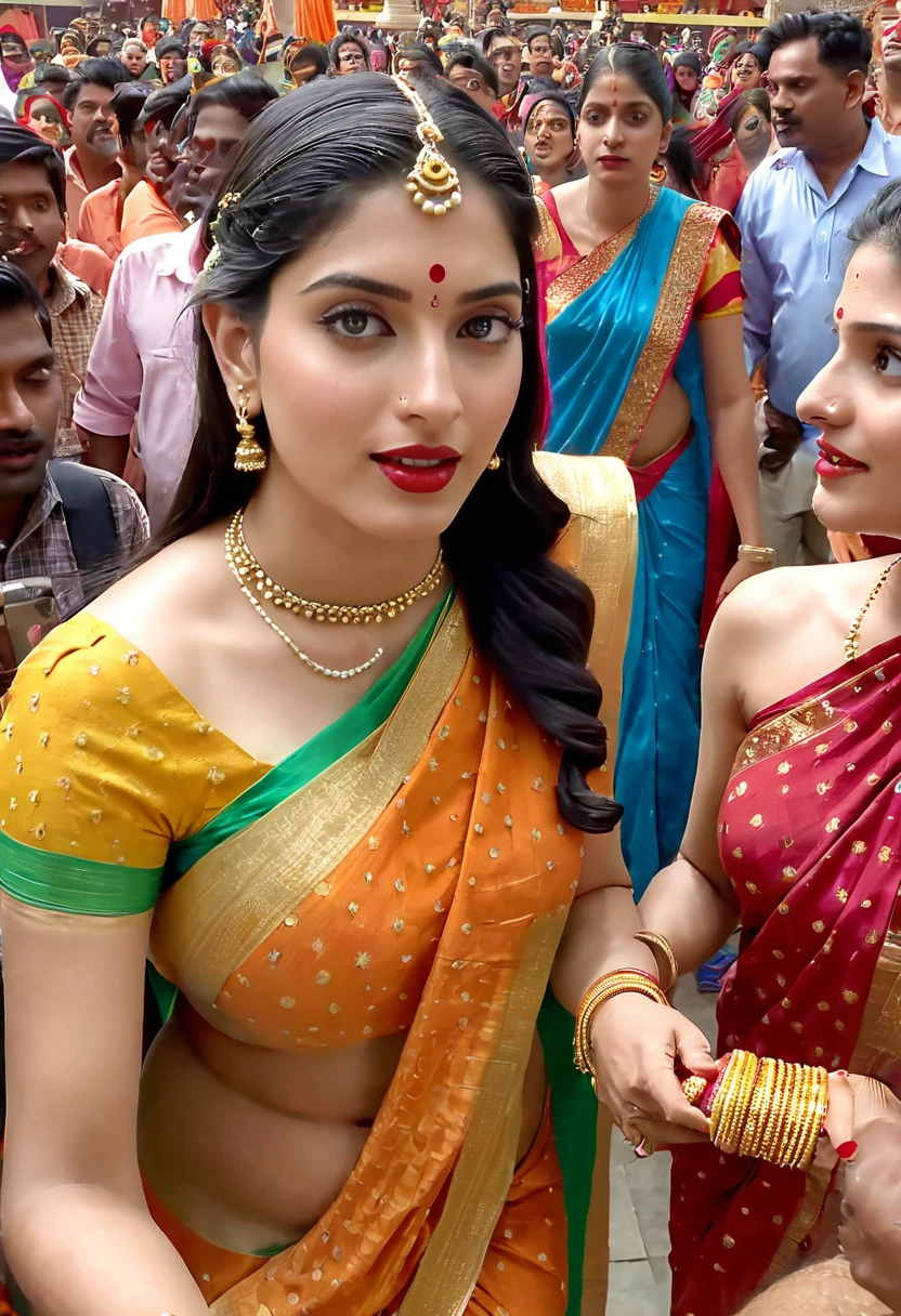 Indian couple goddess shiv and Parvati, saree, big , getting grouped  by  big with boy  suck    in temple with crowd 