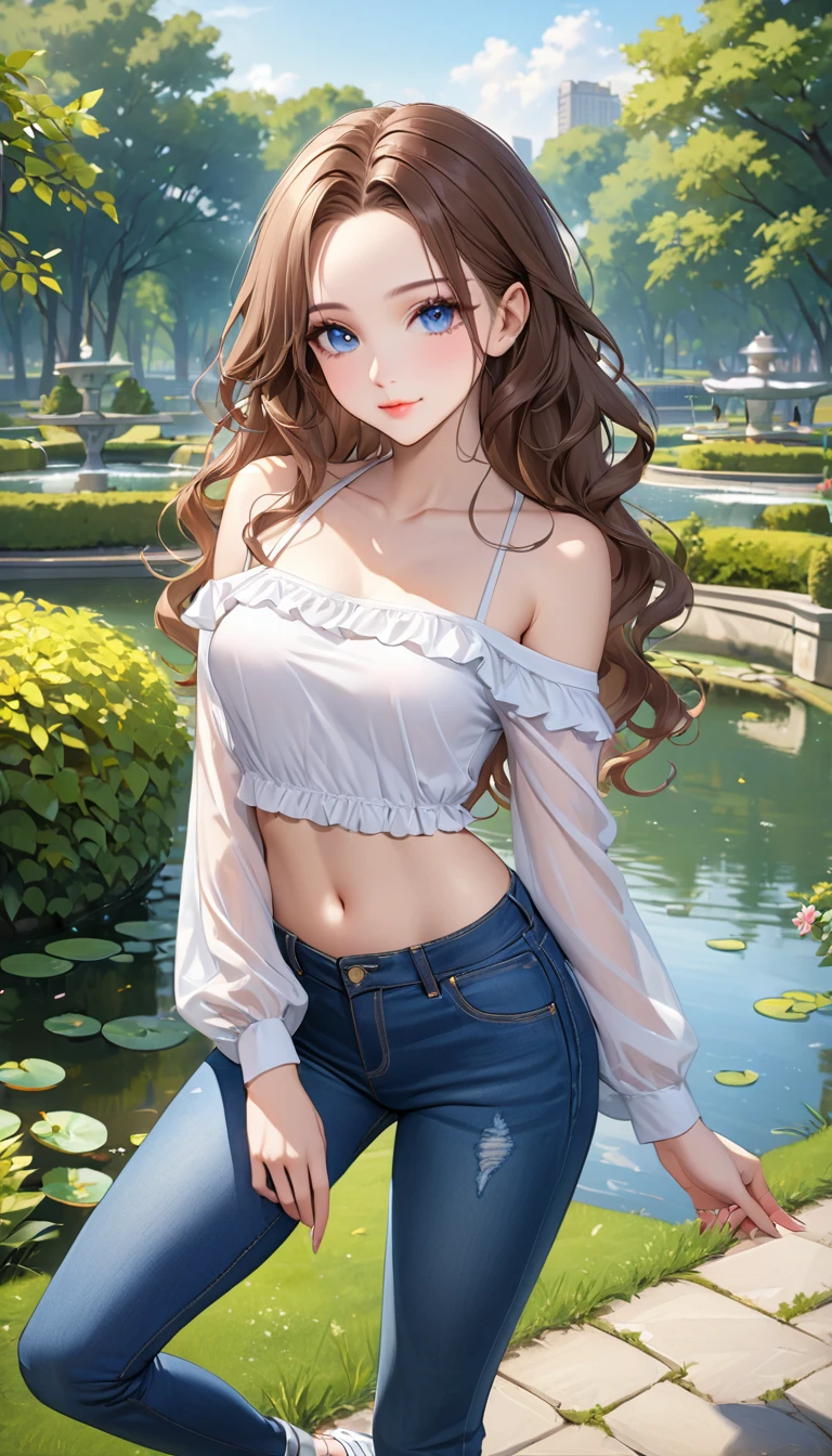 ((best quality, masterpiece:1.3, 8K)), (detailed), highly detailed face and skin texture, detailed eyes, seductive pose, park, pond, full body, (slender body:1.1), 1girl, 25 years old, white skin, blue eyes, bright lips, seductive smile, brown hair, wavy hair, long hair, (forehead:1.0), bright colored clothes, white blouse, bare shoulder, medium breast, hard nipples, long sleeves, jeans pants, skinny jeans, blue jeans, white sneakers,