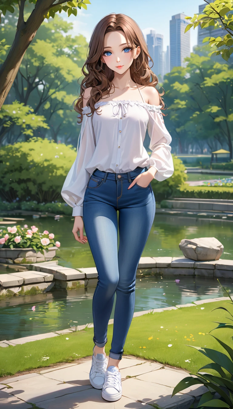 ((best quality, masterpiece:1.3, 8K)), (detailed), highly detailed face and skin texture, detailed eyes, seductive pose, park, pond, full body, (slender body:1.1), 1girl, 25 years old, white skin, blue eyes, bright lips, seductive smile, brown hair, wavy hair, long hair, (forehead:1.0), bright colored clothes, white blouse, bare shoulder, medium breast, hard nipples, long sleeves, jeans pants, skinny jeans, blue jeans, white sneakers,