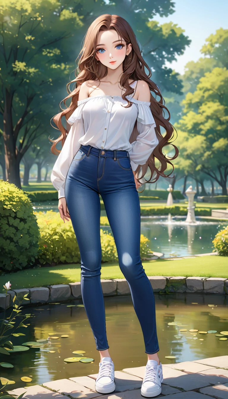 ((best quality, masterpiece:1.3, 8K)), (detailed), highly detailed face and skin texture, detailed eyes, seductive pose, park, pond, full body, (slender body:1.1), 1girl, 25 years old, white skin, blue eyes, bright lips, seductive smile, brown hair, wavy hair, long hair, (forehead:1.0), bright colored clothes, white blouse, bare shoulder, medium breast, hard nipples, long sleeves, jeans pants, skinny jeans, blue jeans, white sneakers,