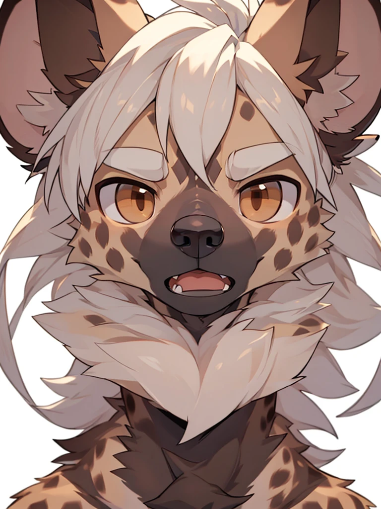 (Best image quality),(masterpiece),(((The only one))),(Very detailed),(Male hyena:1.5), (White hair:1.3), hairy,((Brown eyes)) ,(hairy动物耳朵),very angry,Open your mouth,Frowning,Small and sharp,Natural Lighting,Pure white background, Delicate face,Details on the face,character focus,Depth of Field,Perfect lighting,Clear focus,Solitary,Front view,Handsome,Shota