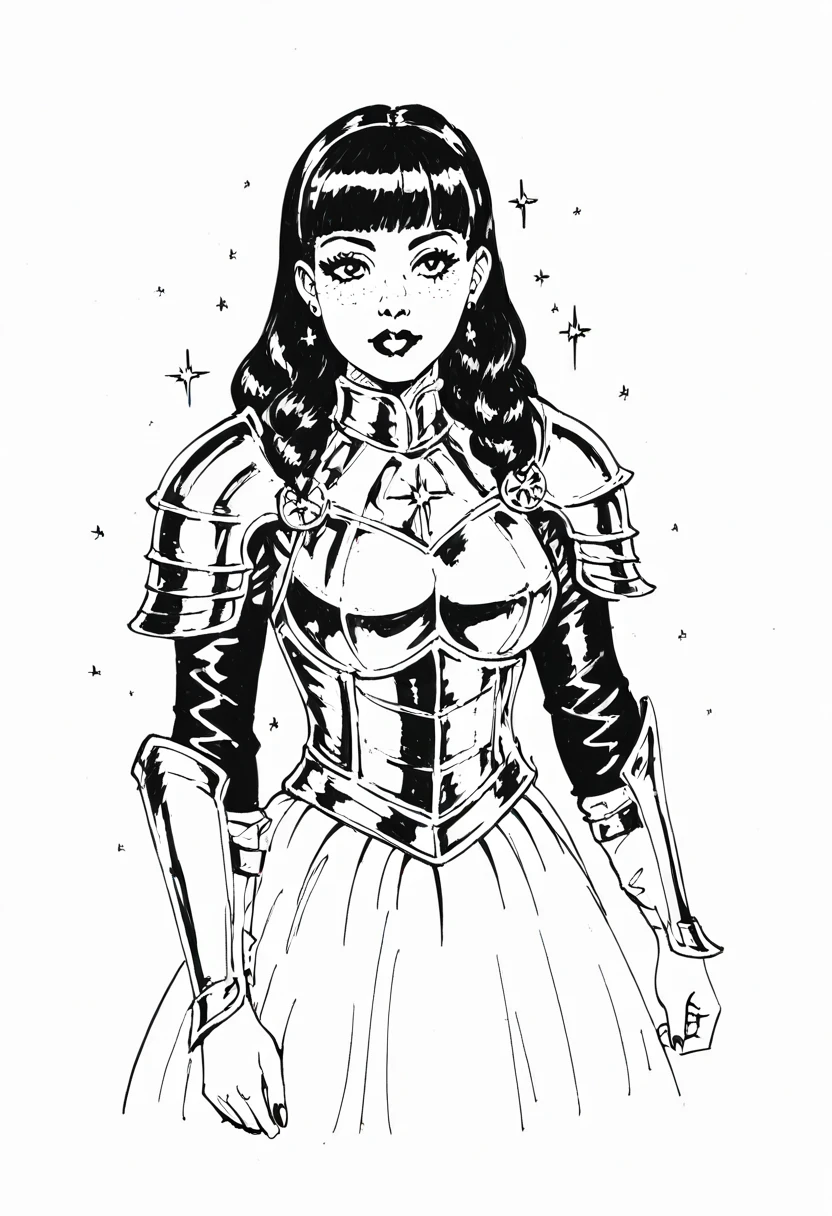 score_9, score_8_up, score_7_up, 1girl, sp1t, abundant detailed hatching shading, monochrome,best quality, high resolution, clean background, high contrast, A medieval female knight in luminous armor, (Luminescent armor:1.3), glitter with gold, blunt bangs, straight hair