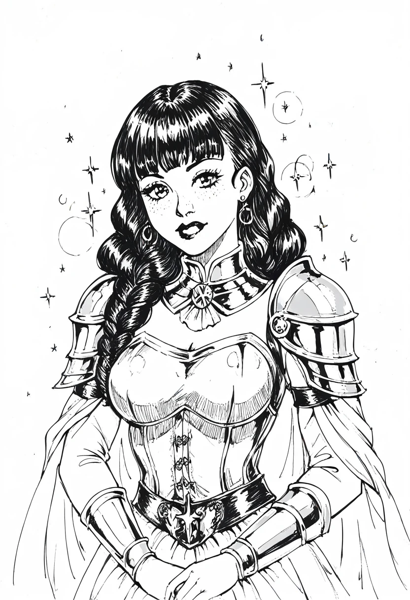 score_9, score_8_up, score_7_up, 1girl, sp1t, abundant detailed hatching shading, monochrome,best quality, high resolution, clean background, high contrast, A medieval female knight in luminous armor, (Luminescent armor:1.3), glitter with gold, blunt bangs, straight hair