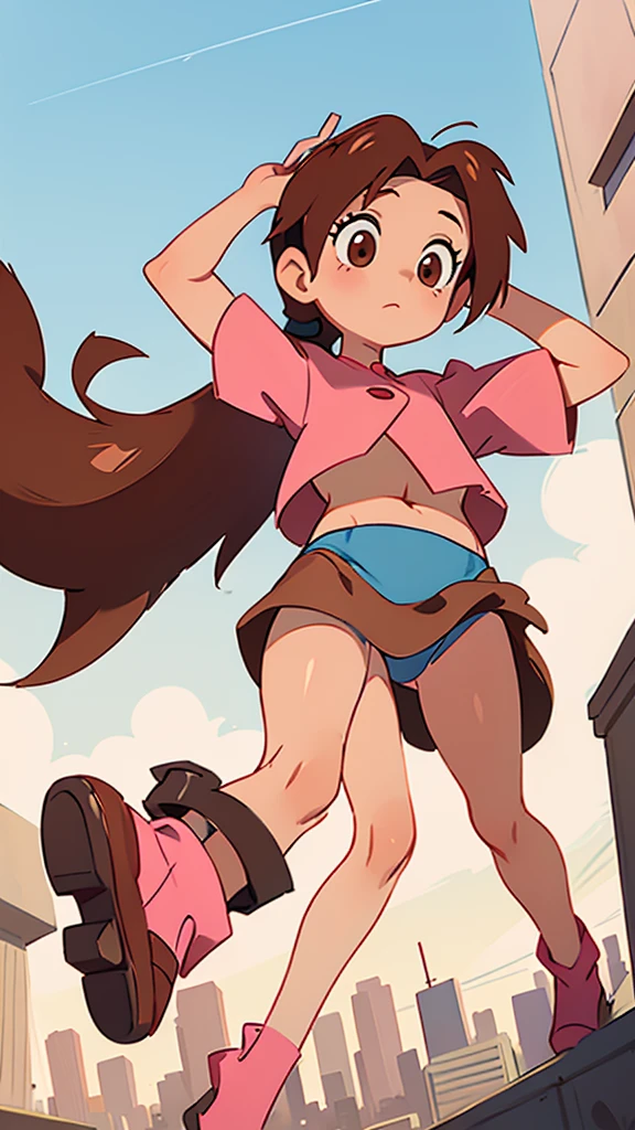 A girl with light skin, sexy, cute, leaders, long brown hair, her brown eye, wears a pink button-down blouse, shows her navel, and a short short blue skirt, black shoe, under view, from below, and she travels, flying, sky, city background.